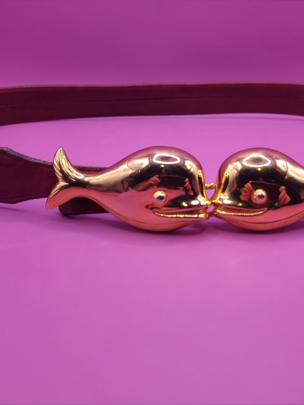 Vintage Dotty Smith Double Whale Belt Buckle Gold Tone With Red Leather Belt
